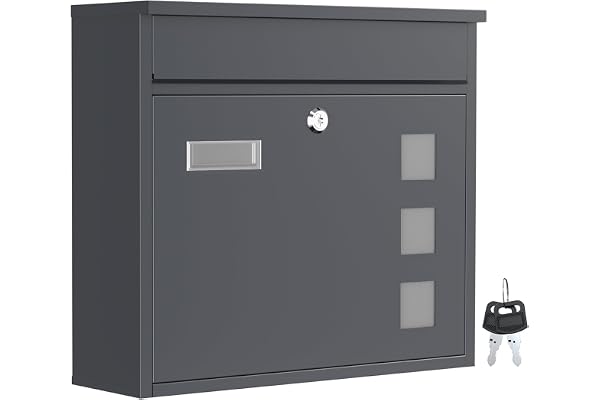 Wiltec Boîte aux Lettres Murale V12, Verrouillable, Couleur Anthracite, Acier galvanisé, 360 x 115 x 320 mm, avec Clapet, Fenêtres et Porte-nom
