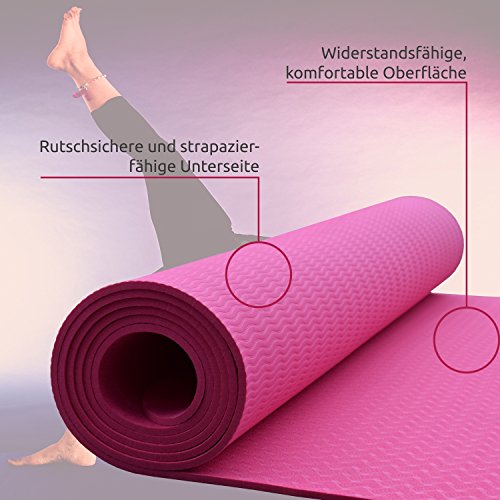malaika | Yoga- und Fitnessmatte, Sportmatte | für Yoga, Pilates, Funktionales Training uvm. | inkl. Halte-Gurt, rutschfest, umweltfreundlich | in pink | 183*61cm - 2