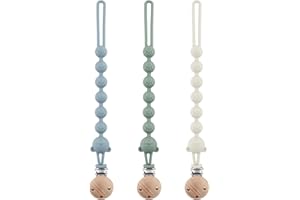 DOUUCO Lot de 3 Attache Tetine Silicone, Attache Sucette avec Une Seule Pièce en Silicone, Accroche Tétine Bebe, sans BPA, pour Garçons et Filles Pacifier Chain Chaîne (Bleu + Gris Clair + Vert)