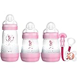MAM Welcome To The World Set, Newborn Bottle Set with 0-2 Months Baby Soother and Clip, Newborn Baby Gifts, Pink (Designs May