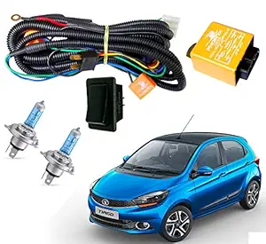 Auto Pearl Phoenix HeadLamp High Power 100/90W and 130/100W Wiring Harness Kit with Relay, Switch and Halonix H4 12V White Ultra Blue Halogen Bulb for Tiago 2019 (Set of 2)