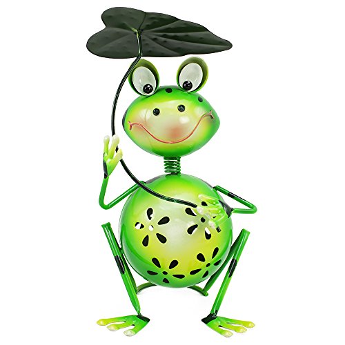 COM-FOUR® Dekofigur "sitzender Frosch mit Blatt", Gartenfigur aus bunt lackiertem Metall im Frosch-Design, ca. 30x18x18cm