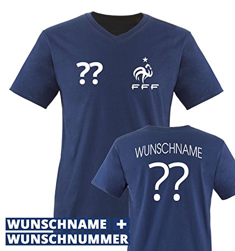 TRIKOT – FRA – WUNSCHDRUCK – Herren V-Neck T-Shirt – Navy / Weiss Gr. M