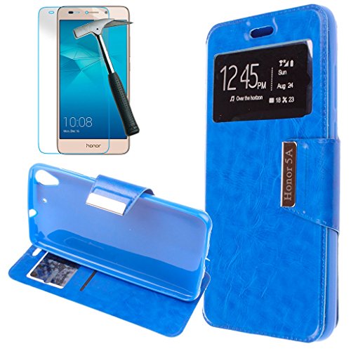 OVIphone Funda Con Tapa Libro Soporte Para HUAWEI Y6 2 II   HONOR 5A   Cristal Templado  Color Azul 
