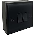 Matt Black 2 Gang Double Light Switch with 32mm Black Surface Pattress Back Box