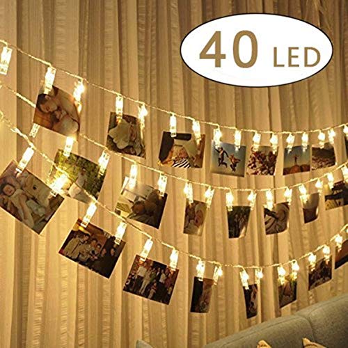 CBValleyol LED Photo Clip Chaîne Lights,40 Photo Clips Lumière Chaînes 5M Batterie LED Lumières photo pour la décoration Suspendre Photo, Notes Murale, Anniversaire, Saint Valentin (Blanc Chaud)