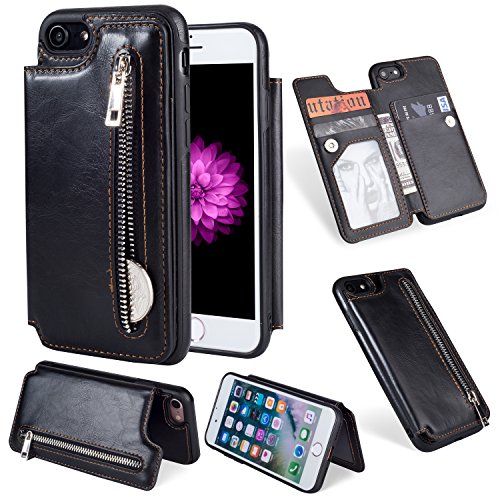 Artfeel Portefeuille Coque pour iPhone 7,Étui iPhone 8 à Rabat en Cuir Housse avec Porte-Carte, Rétro Fermeture éclair Poche Étui avec Béquille Fermeture Magnétique-Noir