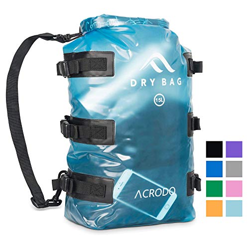 Acrodo - Mochila Impermeable patentada - Bolsa Flotante de 15 litros para Playa, Kayak, natación, Barcos, Camping, Viajes y Regalos, Aguamarina Transparente