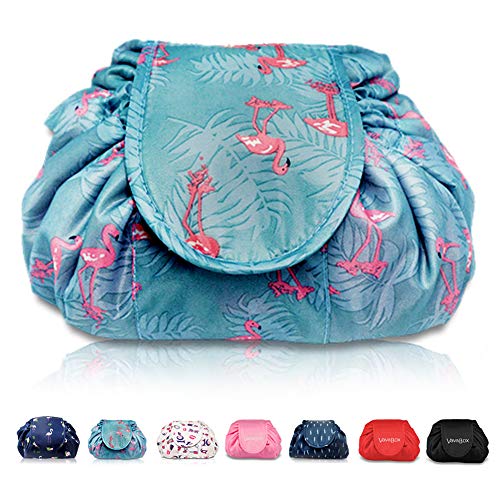Lazy Drawstring Make up Bag Portable Large Travel Cosmetic Bag Pouch Travel Makeup Pouch Storage Organiser for Women Girl (Flamingo)