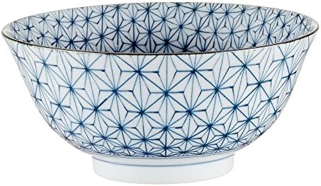 URBANARA Onuma Bowl - 100% ceramic, geometric floral design - white/blue, 7.1 x 15.5 cm