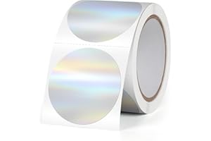 FINDAT Holograficzne okrągłe etykiety termiczne, srebrne, 3,8 cm, samoprzylepne okrągłe tęczowe naklejki na drukarkę, winylowe, wodoodporne, w rolce, brokatowe, plakietka z imieniem do samodzielnego