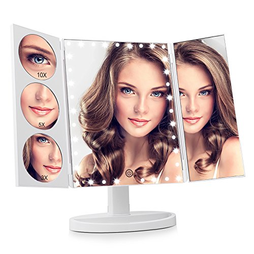 Espejo Maquillaje con Luz?Giratorio 360 °Espejo de Mesa con 35 LED Luces Pantalla Táctil Aumento 1x 3x 5x 10x, Carga con USB o Batería (Claro)