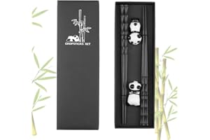 DXLing 2 Paires de Baguettes Chinoises Réutilisables Baguettes en Fibre de Verre Baguettes en forme de bambou avec Repose-Baguettes Panda Mignon en Céramique