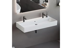 Aqua Bagno | Doppelwaschbecken Keramik, Doppelwaschtisch, eckiges Aufsatzwaschbecken, Handwaschbecken | 101 x 46 cm
