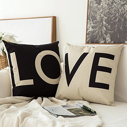Freeas Pack of 2, White&Black LOVE Series Cotton Linen Decorative Throw Pillow Case Cushion Cover Pi