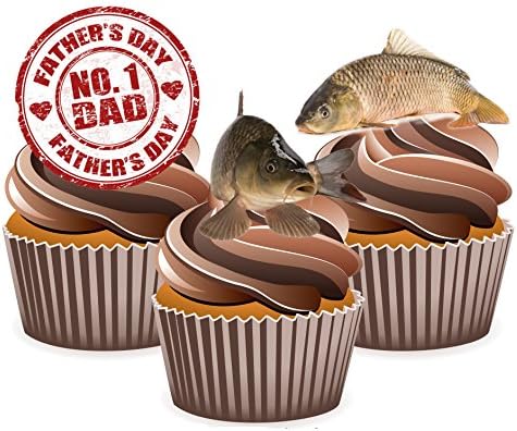 AK GiftshopFather's Day Carp Fishing Cake Decorations - Edible Stand-up Cup Cake Toppers (pack of 12)