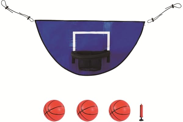 Studsmatta, basketkorg, universell minibasketkorg, avrivningskant för nedsänkning studsmatta, basketfäste med 3 minibasketbollar, studsmatta, tillbehör för barn och vuxna, inomhus och utomhus
