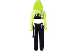 iEFiEL Completo Danza Moderna Bambina Tre Pezzi Felpa con Cappuccio Pantaloni da Jogger per Hip Hop Jazz Dance Costume da Ballo Outfit Street Dancewear 4-16 Anni