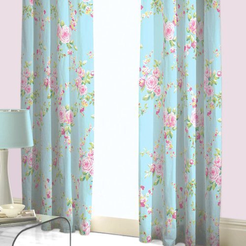 SHABBY BLAU ROSA ROSEN BLUMEN SCHICK BLEISTIFTFALTEN VOLLSTÄNDIG GEFÜTTERTE VORHÄNGE 66X72