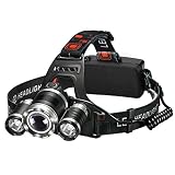 Linterna Frontal con Baterías 5000Lum 4 Modo de Luz Hasta 400Mt y Hasta 6h Usar de Topop, Con Ligero Peso 3 LED Alta Potencia para Camping, Pesca, Luz de Emergencias, Exterior e Interior