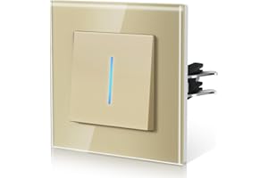 BSEED Interruptor pared con Cristal,Interruptor de luz con Garfio,Basculante Con Pilotitos LED,Fácil Instalación,Fáciles de Limpiar,E-Series,1 Gang 1 Vía,86mm Oro