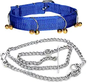 S.Blaze Dog Belt Combo of Ghungroo Dog Collar with Dog Chain Specially for All Medium Breed Dog Collar Chain (Blue)