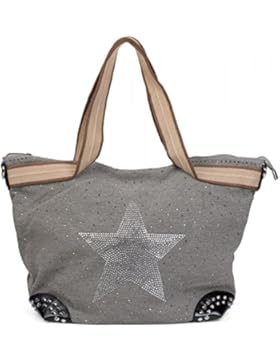 styleBREAKER Handtasche in Canvas Optik mit Strass Stern und Nieten, Schultertasche, Shopper, Damen 02012066