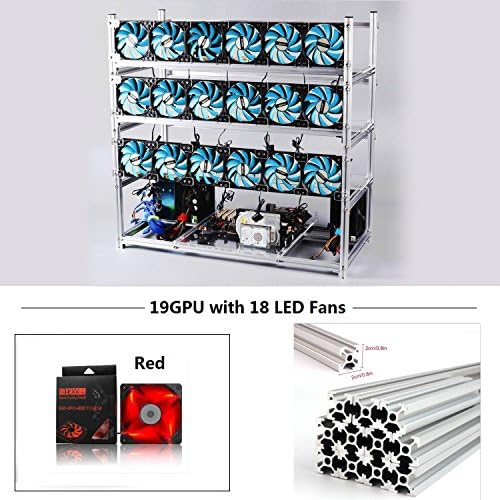 19 GPU Mining Rig Aluminum Stackable Case With 18 LED Fans Open Air Frame Miner Kit For ETH/ZEC/Bitcoin/Decred/Z Cash (Silver-RF)