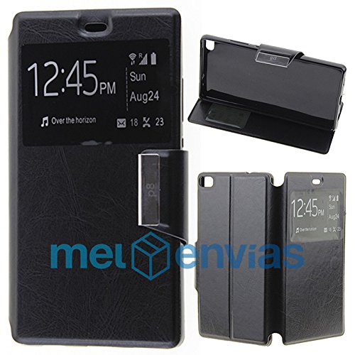 Funda carcasa tipo Libro con funcion soporte para HUAWEI P8 LITE Cuero cierre de iman con ventana S-View Color NEGRO Meloenvias  