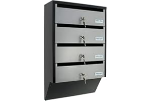 Rottner Depot 4 Briefkastenanlage Silber Schwarz Stahlblech Namensschildhalter Zylinderschloss je 2 Schlüssel für 4 Parteien Befestigungsmaterial, 600x385x140