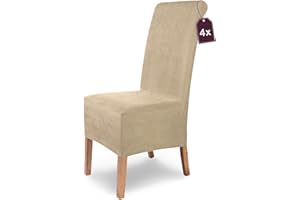 SH SCHEFFLER-HOME LIVE HOMESTYLE SCHEFFLER-Home Fundas Sillas de Comedor Elásticas Leon – Set de 4 Elegantes Fundas Sillas Ajustables – Fundas para Sillas en Antelina con Banda Elástica, Beige-Piedra