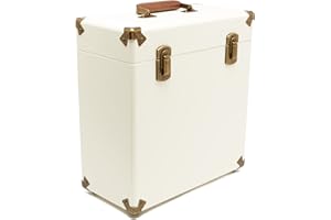 GPO Portable 12 Inch Vinyl Carry Case, Music Storage Box Holding up to30-35 LP Records, Lightweight and Robust Record Case Cover with Detachable Lid, Cream & Tan