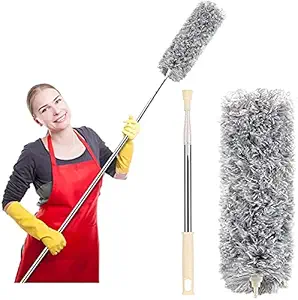 FLYNGO Microfiber Feather Duster Bendable & Extendable Fan Cleaning Duster with 100 inches Expandable Pole Handle Washable Duster for High Ceiling Fans, Window Blinds, Furniture (Grey)