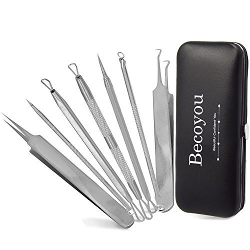 Becoyou 7 Stücke Mitesserentferner mit Lederhülse – Komedonenquetscher Set aus Edelstahl – Nagelhautschieber Werkzeug Pickel Whiteheads Akne Extraktoren für Gesundheit Behandlung