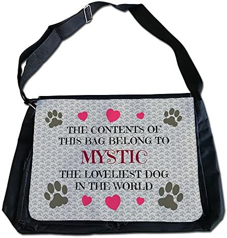 Personalised Shoulder Bag For Dog Owners, Featuring The Dog Name Mystic, Great Quality Messenger Style Bag, Black With Printed Flap, Zip Pockets, Size 40cm x 27.5cm (closed) approximately.