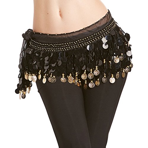 Veni Masee  Pañuelo profesional para danza del vientre, para cadera, cinturón, 3 filas de monedas de color dorado