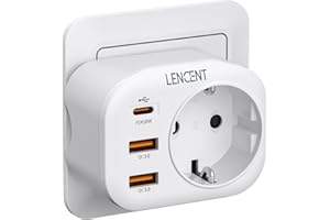 ‎LENCENT LENCENT 4 w 1 Szybkie ładowanie Gniazdo Listwa Zasilająca, 4000W Listwa Zasilająca Ścienne z 1 PD 20W Typ C i 2 QC USB 3.0, Multiple Plug Thief ścienne z Gniazdem 1 AC do Biura, Kuchni i Salonu, Biały