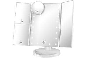 SANTOO Beleuchteter Schminkspiegel - mit 10X 3X 2X Vergrößerung, dreifach gefaltetem Spiegel mit Lichtern, Touchscreen-Schalter, um 180° verstellbarem Ständer, doppeltem Netzteil, Tischspiegel (weiß)