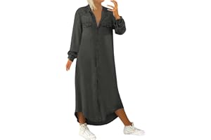 Jeansklänning dam sommar långärmad maxiklänning v-ringad tunika skjorta klänning blusklänning denim fritidsklänning