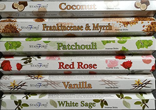 Stamford Premium Hex-Reihe Räucherstäbchen – Kokosnuss, Weihrauch und Myrrhe, Patchouli, rote Rosen, Vanille und weißer Salbei, 20 Stäbchen pro Duftrichtung (120 Stäbchen)