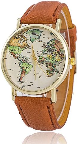 Unisex Quartz Watch with World Map Antique Gold Leather Strap Brown