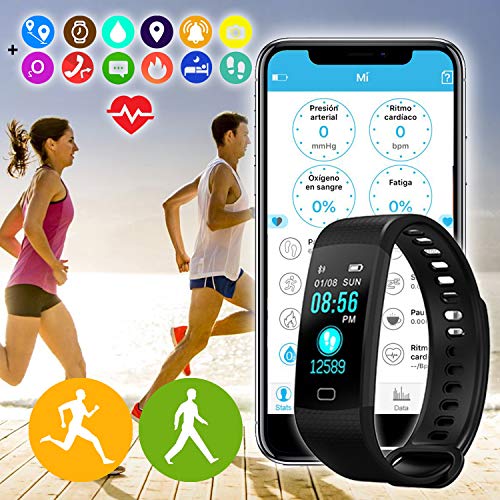 Pulsera de Actividad Inteligente Y5 con Pantalla táctil. Monitor de Frecuencia Cardíaca HR, Resistente al Agua con protección IP67, medidor de calorias y Pasos (Negro)