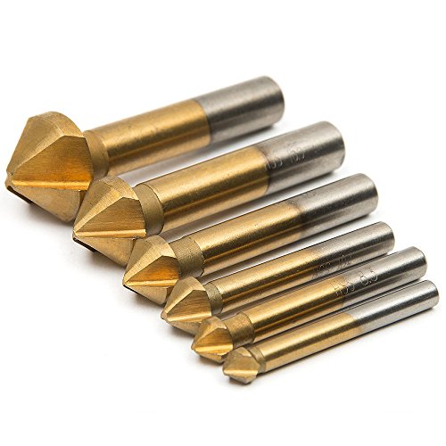 Fortag 6 tlg 3 Flute 90° Kegelsenker Satz Titan-beschichtet Kegelsenkersatz Senker Senkbohrer Senkbohrung Versenker Entgrater Set 6.3-20.5 mm - 5