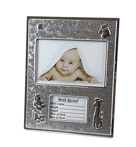 Hugs & More Baby Photo Frame with Birth Record Gift (Silver)