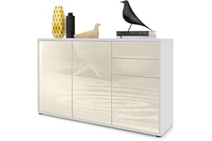 ‎VLADON Vladon Sideboard Ben V3, Kommode mit 3 Türen und 2 Schubladen, Weiß matt/Creme Hochglanz (117 x 74 x 36 cm)