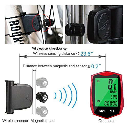 Vegbirt Fahrradcomputer, Drahtloser Fahrradcomputer, Kilometerzähler, automatische Wake-up Große Hintergrundbeleuchtung LCD Display (Rot) - 4