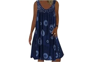 Minetom Dentelle Robe Été Femme de Plage Rétro Robes Col Rond Robes au Genou sans Manches Imprimé Floral Casual Tuniques Ample