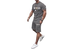WAZHAKU Jogging Suit Men's Tracksuit Baggy Sports Suit Comfortable Breathable Summer Outfit 2-Piece Set with T-Shirts and Sports Trousers Stretch Fitness Suit Activewear Streetwear Leisure Suit