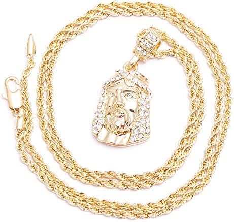 Men's Jesus Gold Plated Pendant Clear Stones Hip Hop Bling Necklace