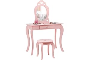 ‎COSTWAY COSTWAY Kinder Schminktisch mit Hocker und Abnehmbarer Spiegel, Mädchen Frisiertisch Holz, Kindertisch mit Schublade, Spiegeltisch 70x34x105cm (Pink)